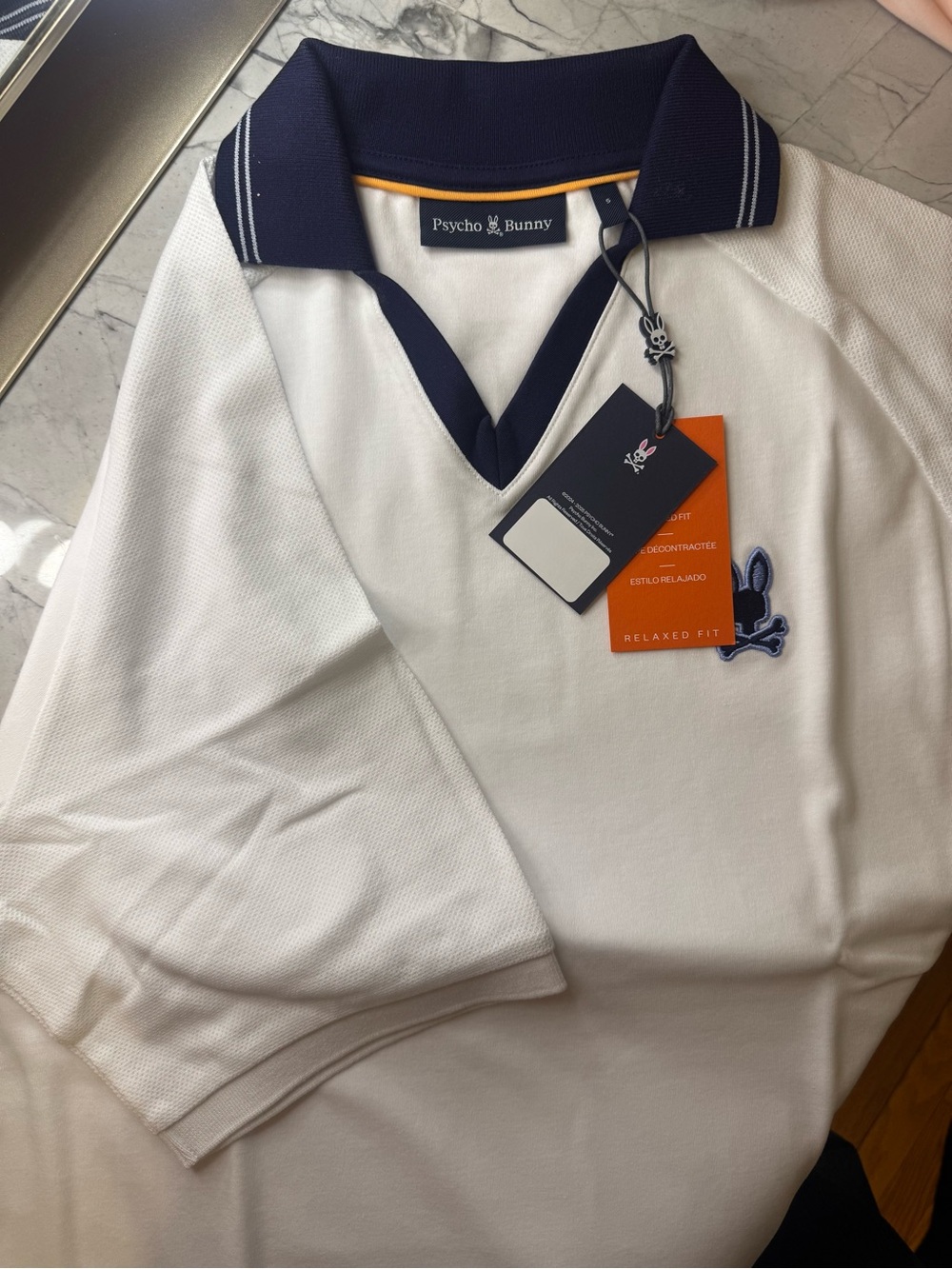 Psycho Bunny White Polo with Navy Collar and Trim